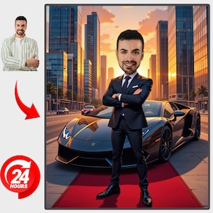 custom Male Boss Business Man Luxury Car Caricature Personalized Executive Portrait for him Success Celebration Men Luxury Lifestyle Gift