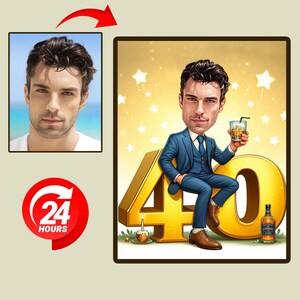 Personalisiertes 40. Cartoon-Porträt, benutzerdefinierte alles Gute zum Geburtstagkarikatur-Zeichnung, lustige Karikatur, Männergeburtstag, glücklicher 40er 50er, 60er 70er