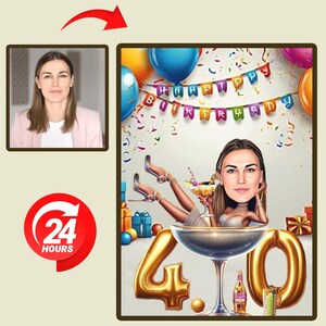 Custom 40th Birthday Caricature for Her | Funny Digital Portrait Gift | Personalized Cartoon Illustration for Women’s Milestone Celebration