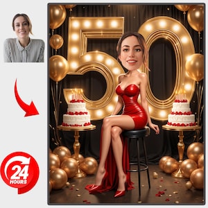 Custom 50th Birthday Caricature: Personalized Cartoon Portrait (Digital Download
