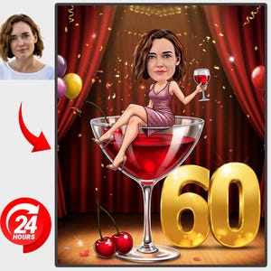 Custom 60th Birthday Caricature Personalized 60th women Cartoon Portrait 60 birthday Gift for mom Celebrate 60 Years Digital Birthday Cards