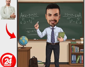 Gepersonaliseerde karikatuurportret leraar: aangepaste cartoontekening (digitale download)