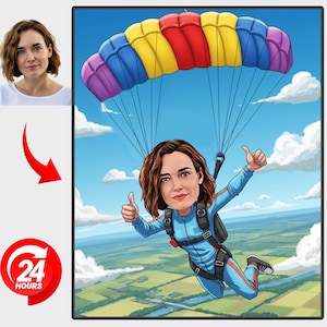 Custom Skydiver Cartoon Portrait | Personalized Skydiver Caricature Drawing | Gift For Skydiver Enthusiast | Custom Funny Woman Skydive gift