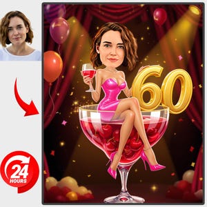 Custom 60th Birthday Caricature Milestone Funny 60th Birthday portrait for Her Personalize female 60 Cartoon Portrait 60Years old mom gift