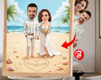 Benutzerdefinierte Paar-Karikatur-Strandthema - personifiziertes romantisches Karikatur-Porträtgeschenk für Jahrestag Valentinsgruß-Hochzeit