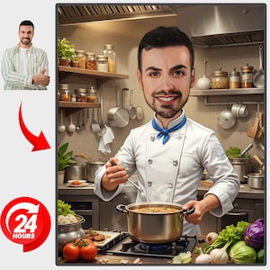 Retrato de Chef Personalizado em Desenho Animado: Presente de Caricatura Personalizado (Download Digital)