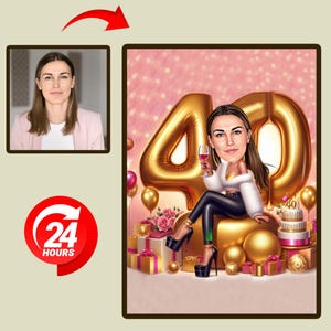 Custom 40th Birthday Caricature for Her | Funny Digital Portrait Gift | Personalized Cartoon Illustration for Women’s Milestone Celebration