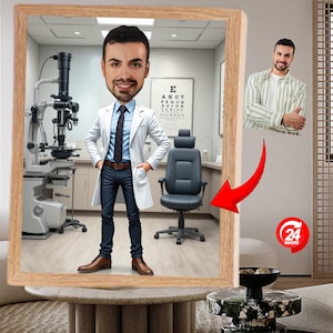Retrato de caricatura de oftalmólogo personalizado / Dibujo animado de oftalmólogo / Regalo personalizado de optometrista / Ilustración médica personalizada