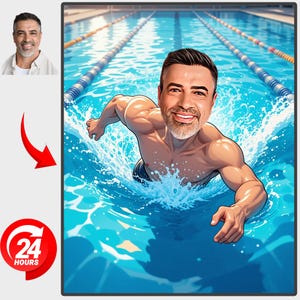 May include: Cartoon illustration of a man swimming in a pool, with a caricature-style face. The image is set against a backdrop of a swimming pool with lane markers. A 24-hour icon is in the lower left corner.