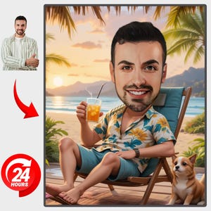 Custom Beach Vacation Caricature: Personalized Cartoon Art, Dad Gift , retirement caricature digital download