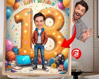 Custom 18th Birthday Caricature Teen Boy cartoon Personalized 18 Year Old boy Portrait