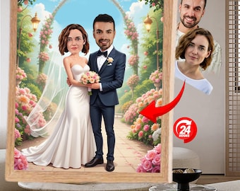 Caricatura personalizada do casal a partir de foto – Retrato de casamento personalizado em estilo cartoon – Ilustração para noivos - Presente perfeito