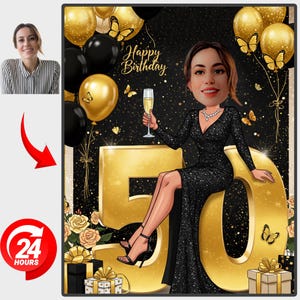 Custom 50th Birthday Caricature Portrait for Her (Digital Download, 24-Hour Delivery