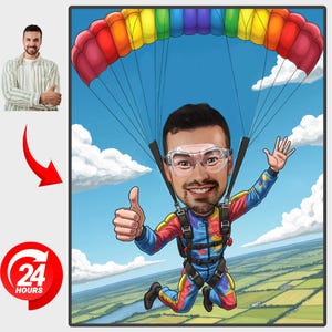 Custom Skydiver Cartoon Portrait Personalized Skydiving Caricature Skydiver Portrait, Personalized Parachute Caricature skydiving Portrait
