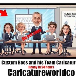 Könnte beinhalten: Eine digitale Karikatur-Illustration, die eine Gruppe von Fachleuten in einem Besprechungsraum darstellt. Die Szene zeigt eine zentrale Figur, die vor einem Tisch mit sitzenden Kollegen steht, alle in Geschäftskleidung. Ein Plakat an der Wand trägt die Aufschrift TEAMWORK MAKES THE DREAM WORK.