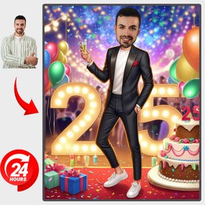 Custom 25th Birthday Caricature: Personalized Digital Cartoon Portrait