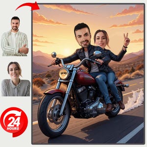 Custom Biker Couple Caricature: Personalized Harley Digital Portrait
