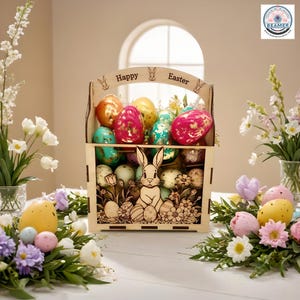 May include: A wooden Easter basket filled with colorful, decorated eggs. The basket features a laser-cut bunny and floral design, with the words "Happy Easter" on the handle. The eggs are in shades of gold, pink, and teal.