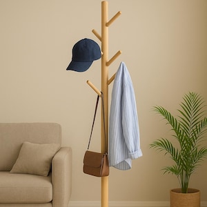 Adjustable Wooden Standing Coat Rack: Rubberwood Hall Tree with 8 Hooks