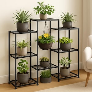 May include: A black metal plant stand with multiple shelves, displaying various potted plants. The stand features a tiered design with several levels to showcase greenery. The plants include leafy green foliage and flowering plants in neutral-colored pots.