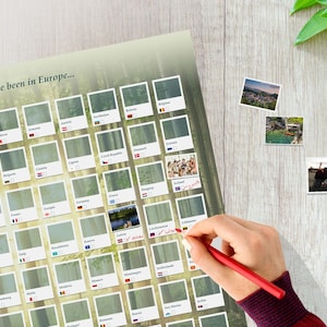 May include: A travel-themed poster titled "All The Places" with the text "I've been in Europe..." features a grid of European country flags and photo spaces. A hand with a red pencil marks a country. Three small photos are attached.