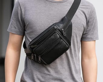 Men PU Leather Fanny Pack, Chic Crossbody Bag, Everyday Waist Bag, Leather Belt Bag, Versatile Phone Bag, Travel Zipper Pouch, City Walk Bag