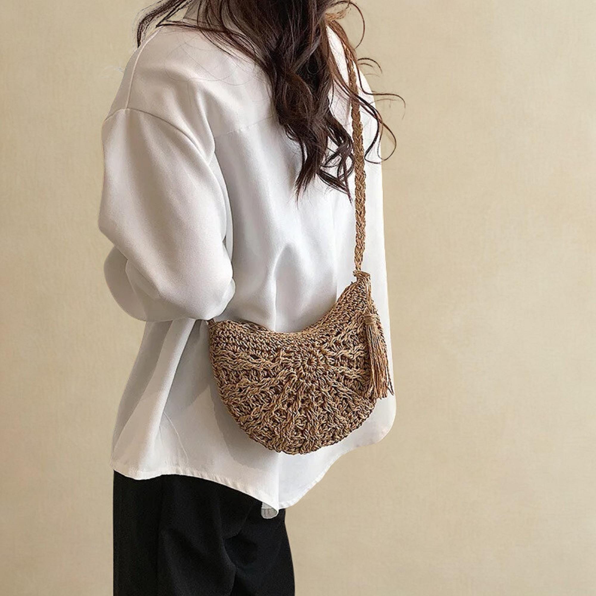 Women Straw Woven Shoulder Bag, Summer Beach Crossbody Bag, Minimalist Half Moon Purse, Small Everyday Handbag, Chic Vacation Bag