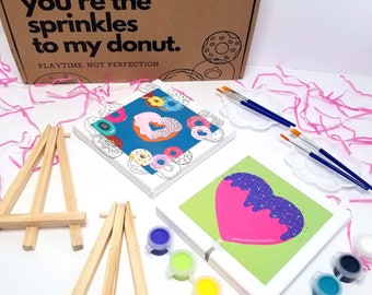 Sweeten things up with this DONUT LOVERS Paint Set in a Gift Box | Make your own Donut Wall Art | Doughnut Theme Party Favor Craft Activity