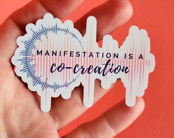 Manifestation is a Co-Creation Glossy Waterproof Sticker, 2" x 3", Great for water bottle, notebook & laptop - Blue Coral Tangerine on White