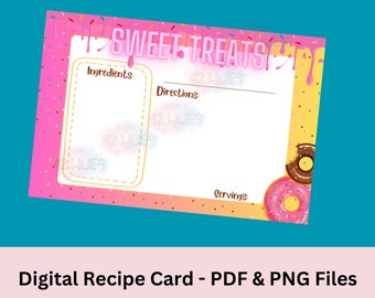 Digital Recipe Card for Donut Lovers | Download and Print | Sprinkles and Frosting | Donut Lover Gift | Pink and Teal 90s Vibe | PDF and PNG