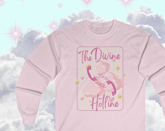 The Divine Hotline Manifestation Tarot Shirt, Unisex Ultra Cotton Long Sleeve Tee, Light Pink, Light Blue, Black and White