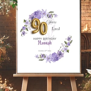 Decorazioni per il 90° compleanno, 90 anni amati con fiori e oro, cartello per il 90° compleanno, regali per il 90° compleanno per lei, modello istantaneo, dal 1935.