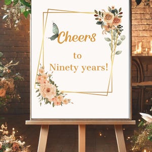 90er Jahre Geburtstagsdekoration, Personalisiertes 90er-Geburtstagsparty-Willkommensschild - 90 Jahre geliebt - Rosa Blumen-Geburtstagsfeier-Willkommensplakat.