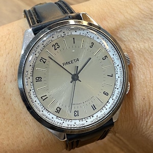 Reloj mecánico ruso Paketa Raketa con temporizador mundial de 24 horas para hombre, 40 mm, raro reloj ruso vintage.