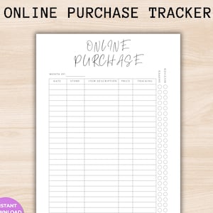 Può includere: Un tracker di acquisti online stampabile bianco con le parole "ONLINE PURCHASE" in alto. Il tracker include colonne per data, negozio, descrizione dell'articolo, prezzo e tracciamento.