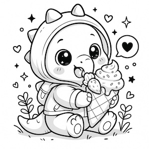 May include: Black and white illustration of a charming dinosaur character in a hoodie, enjoying an ice cream cone. The image features hearts, stars, and decorative plants. A speech bubble with a heart is also included.