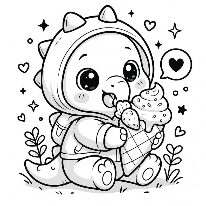 May include: Black and white illustration of a charming dinosaur character in a hoodie, enjoying an ice cream cone. The image features hearts, stars, and decorative plants. A speech bubble with a heart is also included.