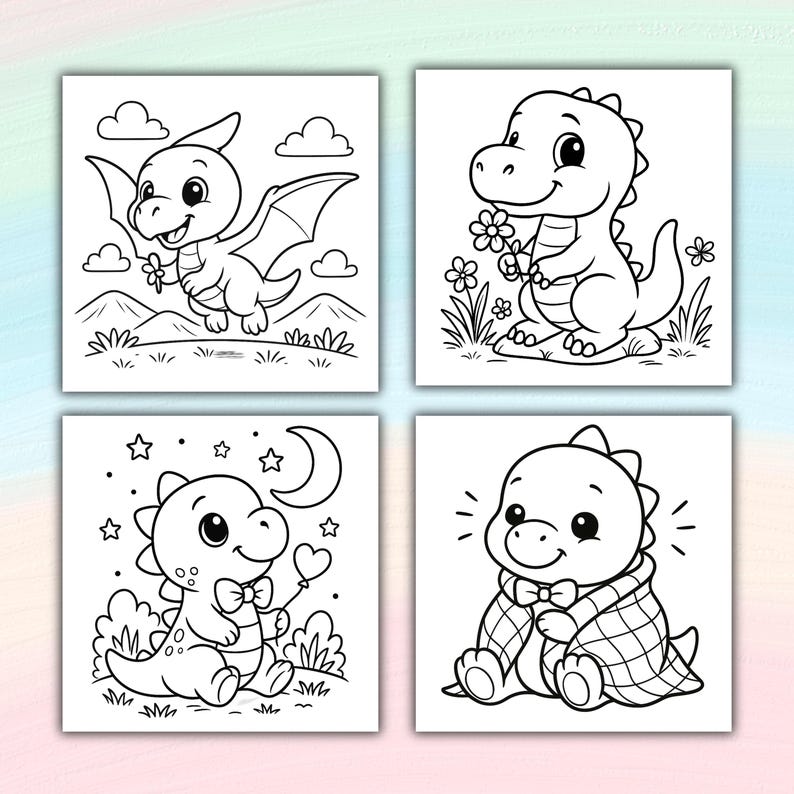 May include: Four square coloring pages with cute cartoon dinosaurs. Each page shows a different dinosaur in a playful pose, holding flowers, a heart-shaped balloon, or wrapped in a blanket. The illustrations are in black and white.