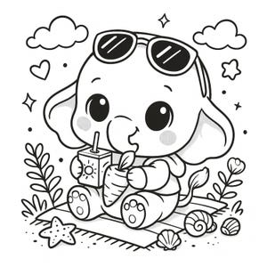 May include: Black and white cartoon illustration of an elephant wearing sunglasses, enjoying a drink and a carrot on a beach towel. The image features clouds, stars, hearts, and seashells, creating a summery scene.