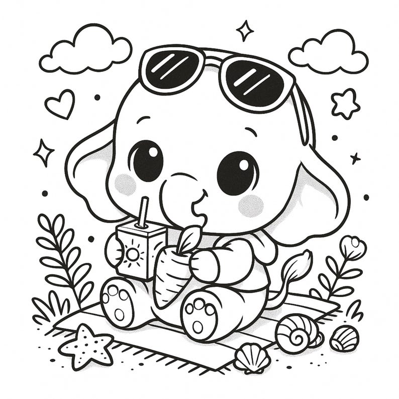 May include: Black and white cartoon illustration of an elephant wearing sunglasses, enjoying a drink and a carrot on a beach towel. The image features clouds, stars, hearts, and seashells, creating a summery scene.