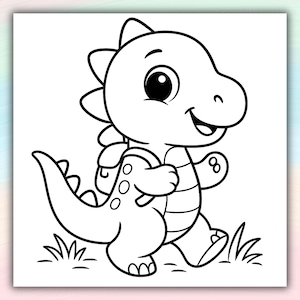 May include: Black and white cartoon illustration of a smiling dinosaur walking on grass. The dinosaur has a backpack with three circles and a spiky head. The image is a line drawing.