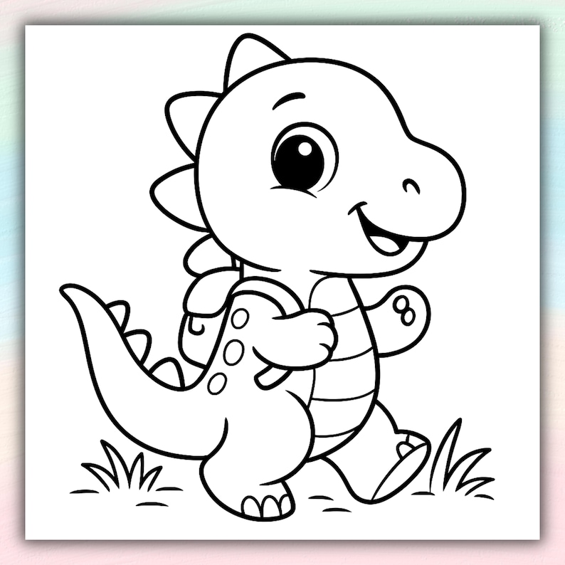 May include: Black and white cartoon illustration of a smiling dinosaur walking on grass. The dinosaur has a backpack with three circles and a spiky head. The image is a line drawing.