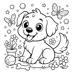K&ouml;nnte beinhalten: Schwarz-Wei&szlig;-Illustration eines l&auml;chelnden Welpen mit gro&szlig;en Augen, heraush&auml;ngender Zunge und Schlappohren. Der Welpe ist von Schmetterlingen, Blumen, Sternen, einem Ball und einem Knochen umgeben.