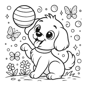K&ouml;nnte beinhalten: Schwarz-Wei&szlig;-Cartoon-Illustration eines verspielten Welpen mit einem Ball. Der Welpe sitzt und streckt die Zunge heraus. Schmetterlinge, Blumen und Blasen umgeben den Welpen.
