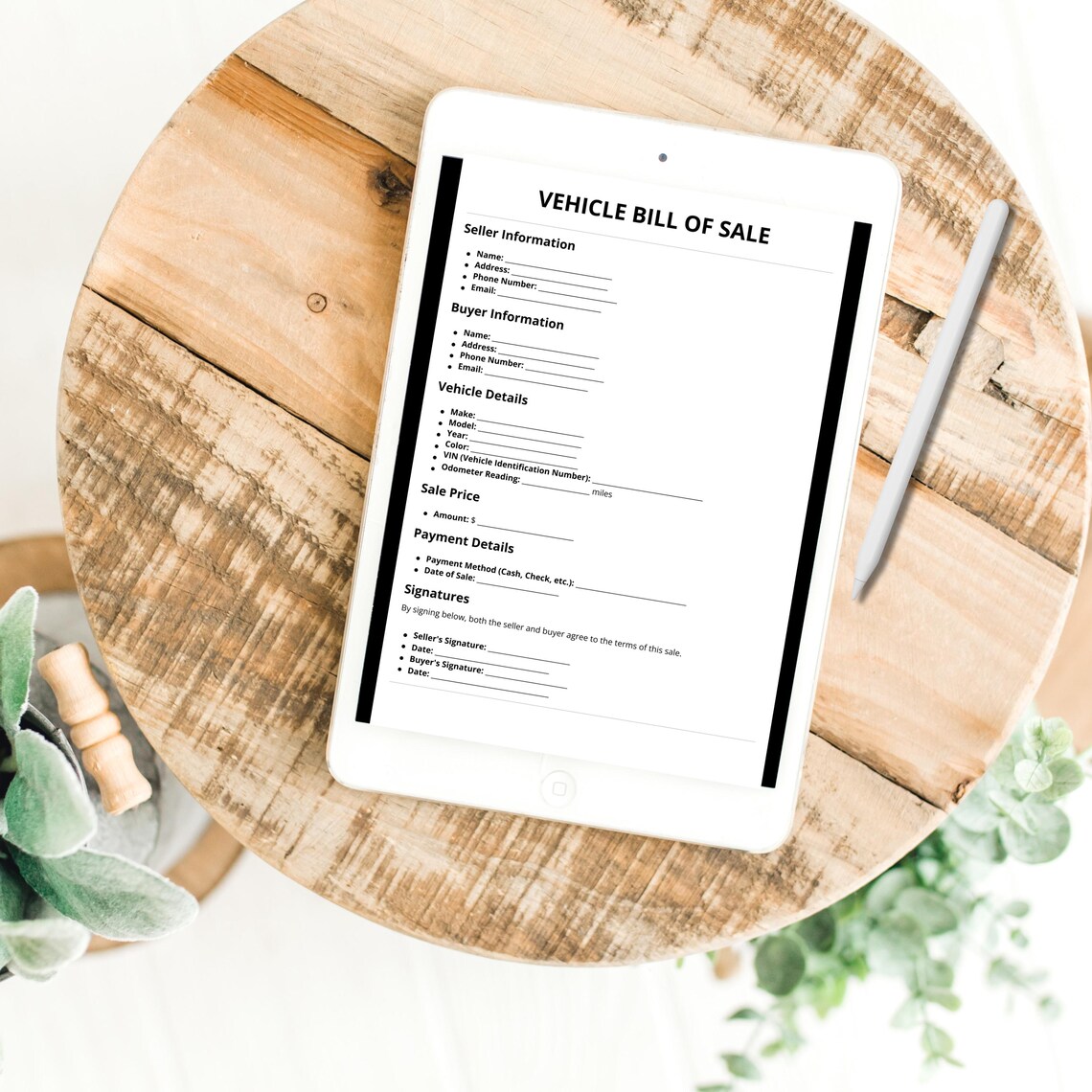 Vehicle Bill of Sale Printable Car Sale Agreement PDF Auto Bill of