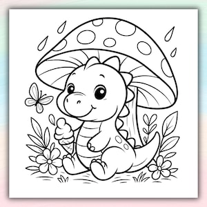 May include: Black and white illustration of a cartoon dinosaur holding an ice cream cone under a mushroom. A butterfly, flowers, and rain drops are also featured in the image. The dinosaur is smiling.
