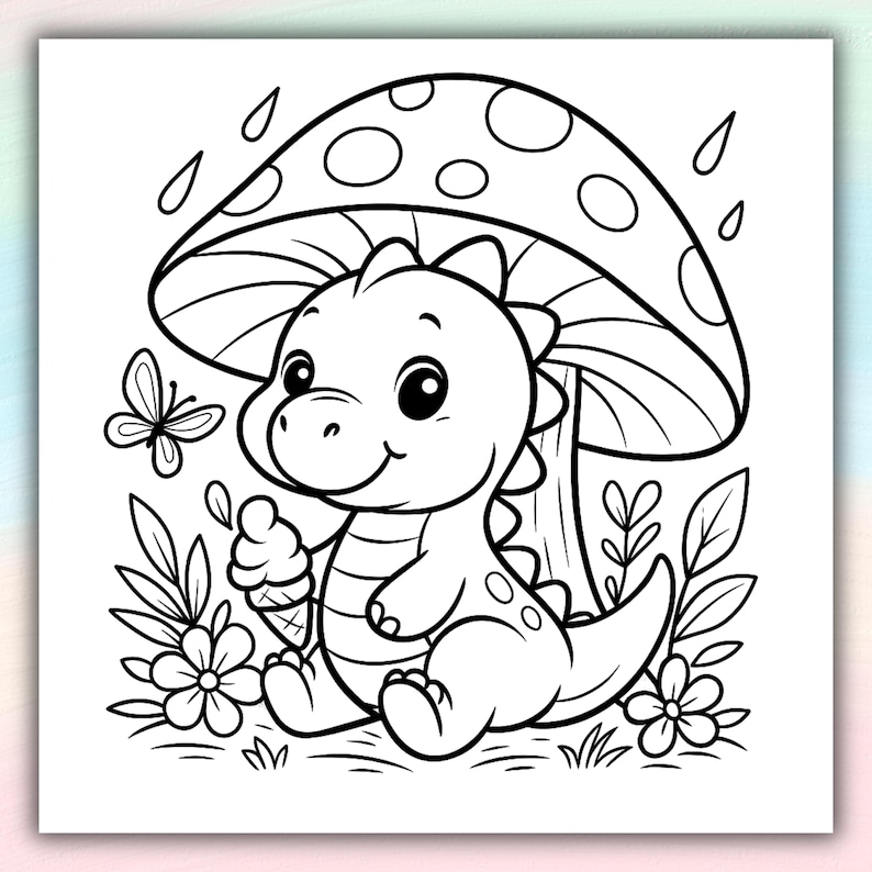 May include: Black and white illustration of a cartoon dinosaur holding an ice cream cone under a mushroom. A butterfly, flowers, and rain drops are also featured in the image. The dinosaur is smiling.
