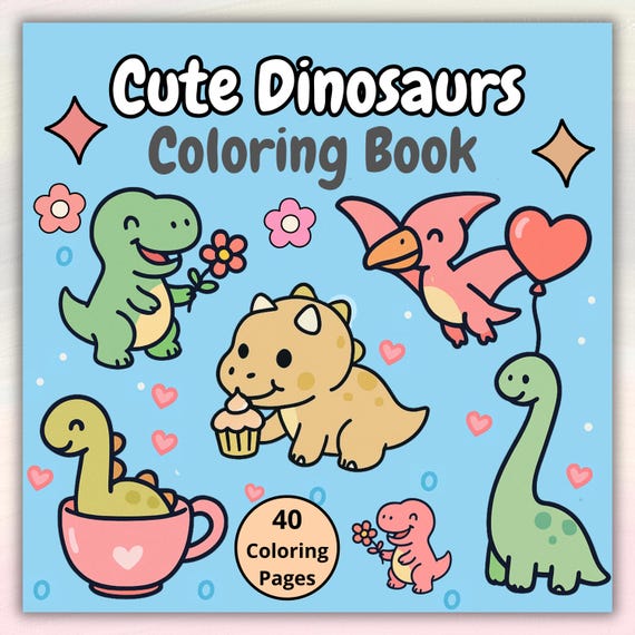 40 Dinosaur Coloring Book, Cute Dino Coloring pages, Coloring sheet, Kawaii Baby Dino, Activity for Toddlers, Bold and easy, Stress Relief
