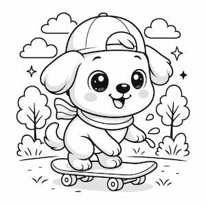 May include: Black and white illustration of a cartoon puppy wearing a baseball cap and scarf, skateboarding. The puppy has large eyes and a happy expression. Trees, clouds, and stars are in the background.
