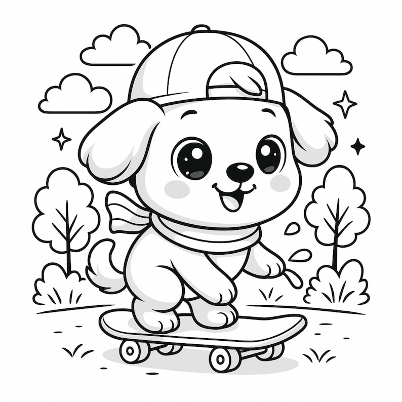 May include: Black and white illustration of a cartoon puppy wearing a baseball cap and scarf, skateboarding. The puppy has large eyes and a happy expression. Trees, clouds, and stars are in the background.